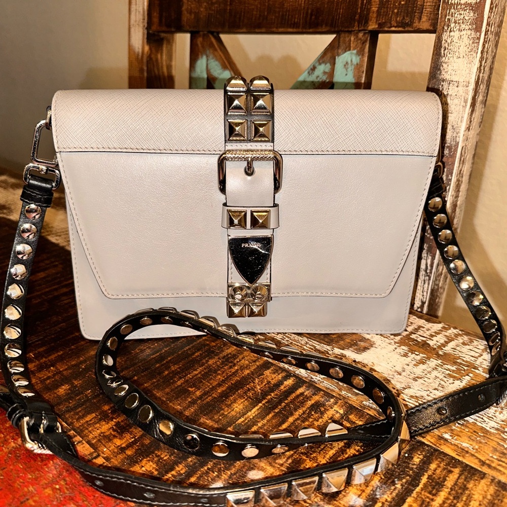 Studded Gray Leather Crossbody Bag